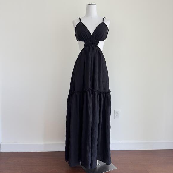 MABLE Maxi Dress Womens Small Black Cut Out Tiered Open Back Boho Strappy Brunch - Picture 1 of 6